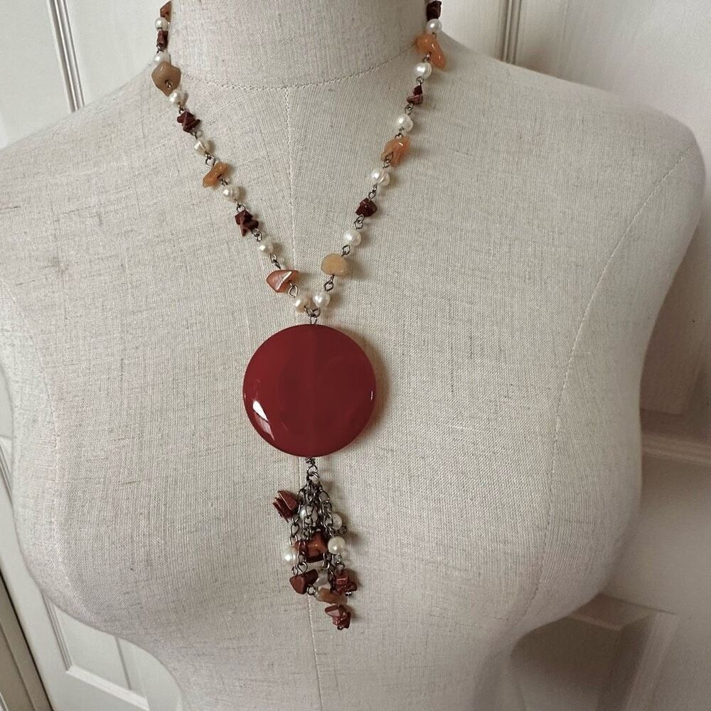 Carnelian pearl and goldstone beaded pendant necklace